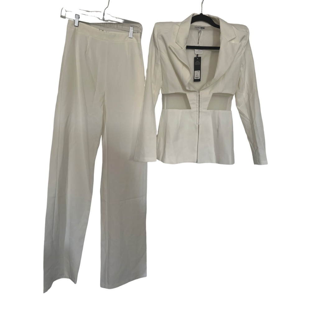 Fashion Nova Cream Wide-Leg Trousers with Cutout Zip Blazer